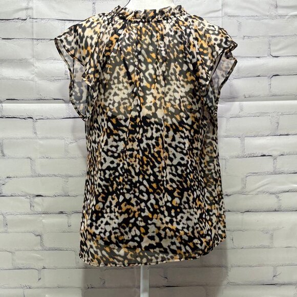 Roan + Ryan Animal Print Ruffle Neck Blouse | Sheer Flutter Sleeve Top | Size S - Picture 3 of 8